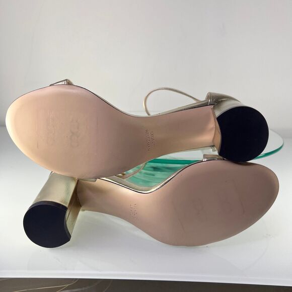 Stuart Weitzman Nudist Heel Sandals Gold Ankle Strap Open Toe Block - Picture 8 of 9